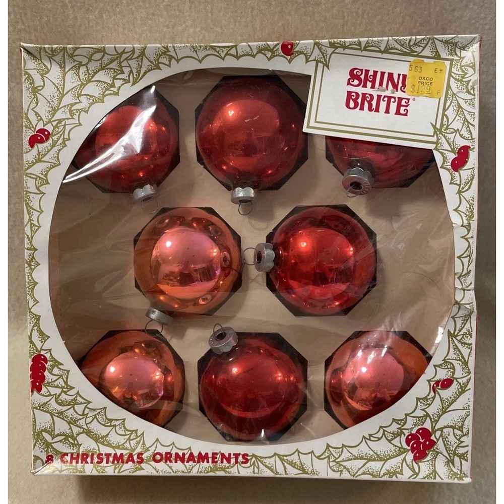 Shiny Brite Vintage Set 8 Pink & Red Glass Balls Christmas Tree Decor Ornaments
